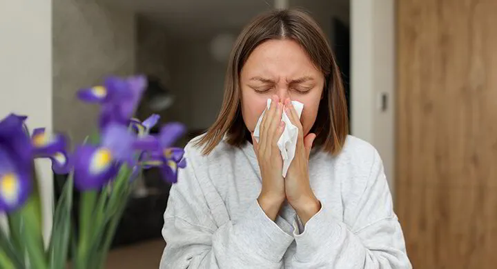 Woman indoors sneezing into a tissue, with purple flowers blurred in the foreground.
